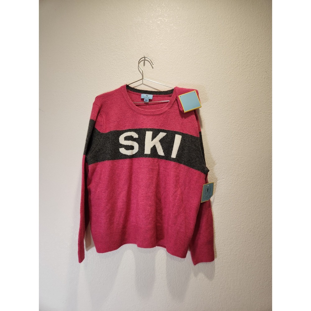 NWT CeCe Women's L Pink Gray SKI Sweater Apres Ski Lodge Graphic Pullover